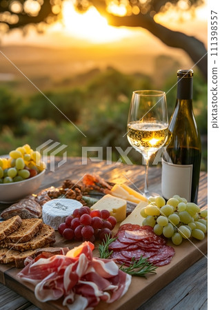 AI-generated content. Picnic served outside with a glass of wine, cheese, grapes, salami on a wooden board in sunlight 111398557