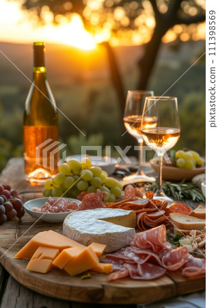 AI-generated content. Picnic served outside with a glass of wine, cheese, grapes, salami on a wooden board in sunlight 111398569