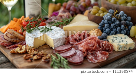 AI-generated content. Picnic served outside with a bottle of wine, cheese, grapes, salami on a wooden board 111398574