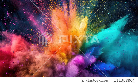 Vivid holi paint splatter with a burst of color powder, Ai Generated. 111398804