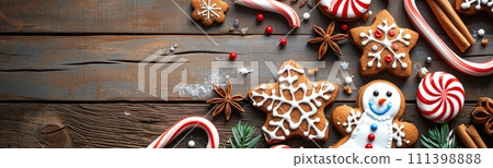 Adorable Christmas confections and cookie display. Overhead perspective on a charming, rustic dark wood banner backdrop. Delightful festive baking theme, Ai Generated. 111398888