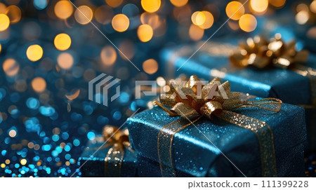 Blue Valentine's gift boxes adorned with gold bows, Ai Generated 111399228