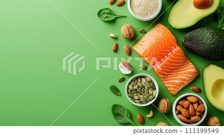 Concept of a ketogenic diet with ingredients like salmon, avocado, eggs, nuts, and seeds, set against a bright green backdrop, top perspective, Ai Generated. Concept of a ketogenic diet with ingredients like salmon, avocado, eggs, nuts, and seeds, set against a bright green backdrop, top perspective, Ai Generated. 111399549