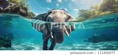 A baby elephant is swimming in the ocean, Ai Generated 111400075