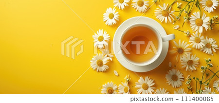 A cup of delicious chamomile tea positioned on a yellow background, with designated space for text, Ai Generated. 111400085