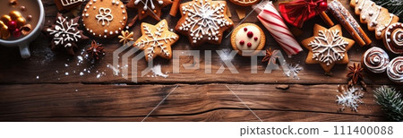 Adorable Christmas confections and cookie display. Overhead perspective on a charming, rustic dark wood banner backdrop. Delightful festive baking theme, Ai Generated. 111400088