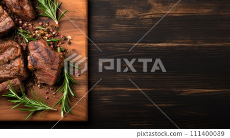 Tasty fried beef with rosemary served on a wooden table, viewed from above. Banner layout with room for text, Ai Generated. 111400089