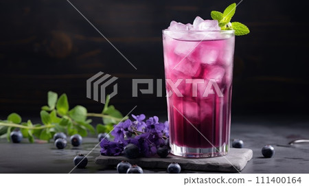 The image shows a glass of purple drink with ice, mint, and blueberries, Ai Generated 111400164