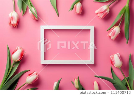 white frame with tulips and a gift on a pink background, in the style of minimalist sets for love celebration and Valentine day 111400713