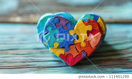 A three-dimensional heart assembled from pieces of multicolored puzzles. Generated AI 111401299