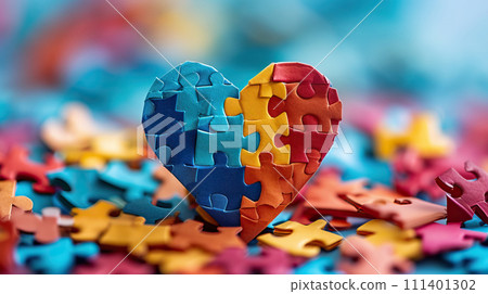 A heart made of cardboard pieces of colored puzzle made for Autism Day. Generated AI 111401302