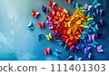 Origami butterflies made of colored paper form a heart. 111401303