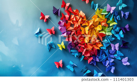 Origami butterflies made of colored paper form a heart. 111401303