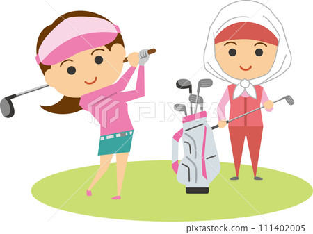 打高爾夫球的女人和球童的圖像插圖 111402005