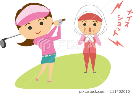 Image illustration of a woman playing golf and a caddy 111402010
