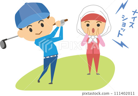 Image illustration of a man and a caddy playing golf 111402011
