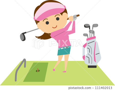 Image illustration of a woman taking a swing at a golf driving range 111402013