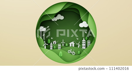 3d eco paper cut. many building and green leaves, save the planet and energy concept, paper 3d rendering illustration. 3d eco paper cut. many building and green leaves, save the planet and energy concept, paper 3d rendering illustration. 111402016