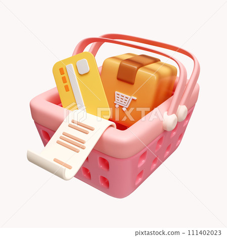 3d Parcel box and credit card in shopping basket. delivery and online shopping advertising concept. icon isolated on white background. 3d rendering illustration. Clipping path. 111402023