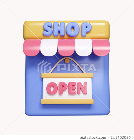 3d shop was opened. shopping online concept. Marketing and Digital marketing promotion. icon isolated on white background. 3d rendering illustration. Clipping path. 111402025