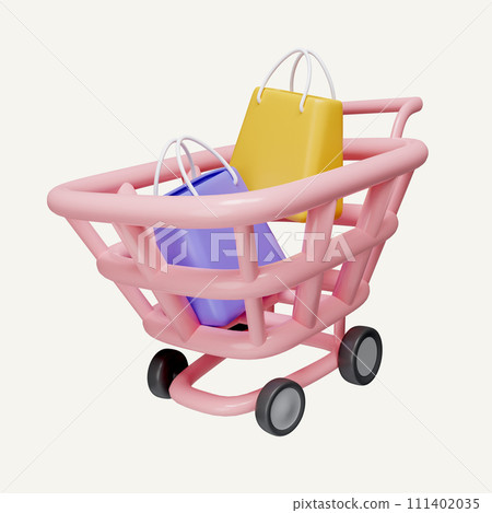 3D shopping cart with shopping bag for online shopping and digital marketing. icon isolated on white background. 3d rendering illustration. Clipping path. 3D shopping cart with shopping bag for online shopping and digital marketing. icon isolated on white background. 3d rendering illustration. Clipping path. 111402035