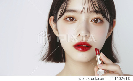 一位女士塗口紅的商業照片（AI 生成圖像） 111402618
