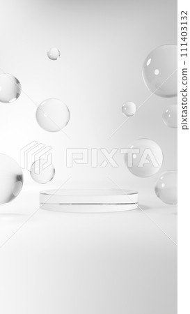 Transparent spherical glass and circular pedestal on a white background. 3D (vertical) 111403132