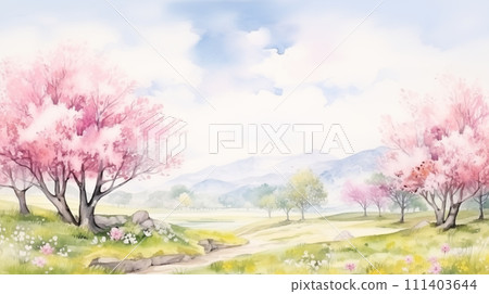 Hand drawn beautiful spring landscape illustration Hand drawn beautiful spring landscape illustration 111403644