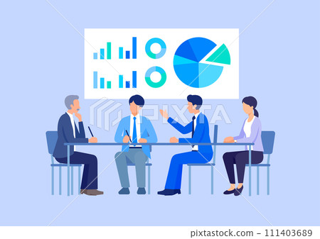 Male and female office workers having a meeting in front of a graph Male and female office workers having a meeting in front of a graph 111403689