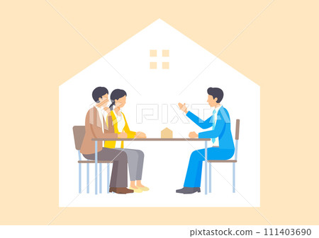 A salesman explaining housing to a young couple A salesman explaining housing to a young couple 111403690