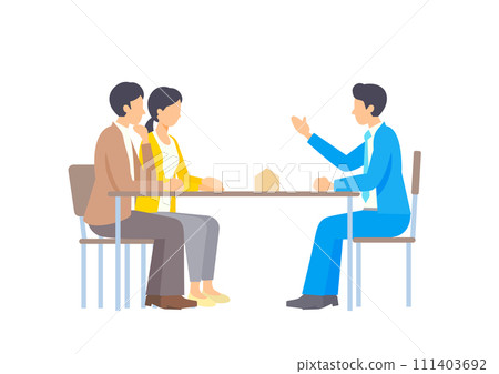 A salesman explaining housing to a young couple A salesman explaining housing to a young couple 111403692