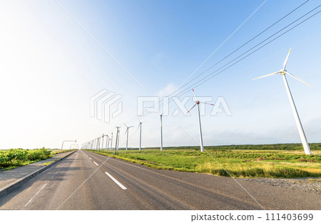 Horonobe Town, Hokkaido - Japan Sea Ororon Line and Otonrui Wind Power Plant bathed in the setting sun Horonobe Town, Hokkaido - Japan Sea Ororon Line and Otonrui Wind Power Plant bathed in the setting sun 111403699