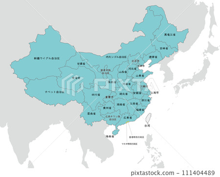 中國和台灣地圖,附有省界、香港、澳門和日文地名 中國和台灣地圖,附有省界、香港、澳門和日文地名 111404489