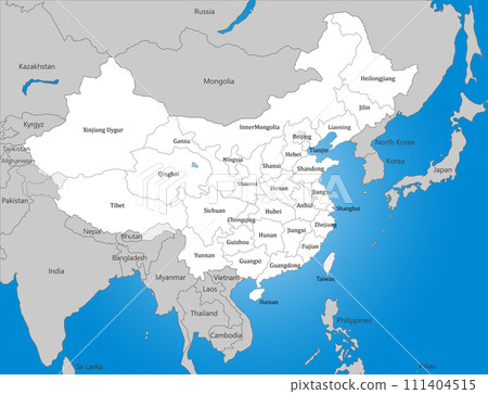 Blank map of China, Taiwan and surrounding countries, with border lines and place names in English 111404515