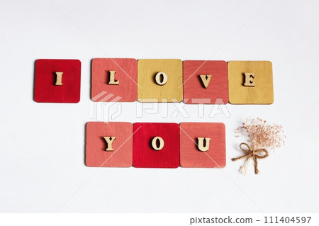 我愛你字母，木字母，彩色木板上的信息，一束滿天星 111404597