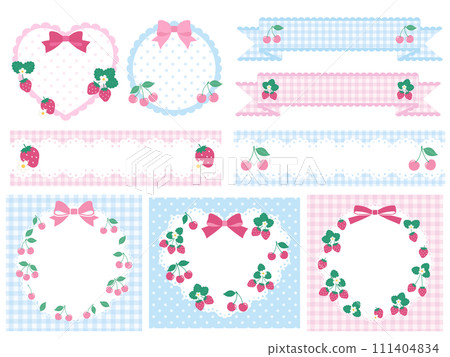 Cute frame set of strawberries and cherries. strawberry, cherry, girly, ribbon 111404834