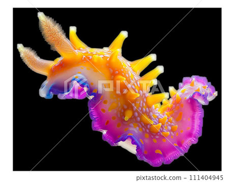 A colorful sea slug with yellow and purple spikes on a white background A colorful sea slug with yellow and purple spikes on a white background 111404945