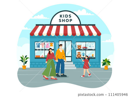 Kids Shop Vector Illustration with Boys and Girls Children Equipment such as Clothes or Toys for Shopping Concept in Flat Cartoon Background 111405946