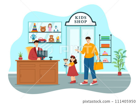 Kids Shop Vector Illustration with Boys and Girls Children Equipment such as Clothes or Toys for Shopping Concept in Flat Cartoon Background 111405950