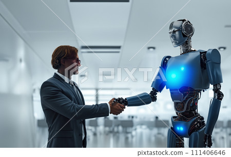 Robot and human shaking hands, robot, future, cooperation, handshake, human, person, male, Indian Robot and human shaking hands, robot, future, cooperation, handshake, human, person, male, Indian 111406646