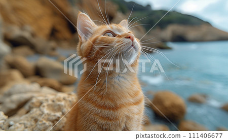 Ginger cat with wide eyes perched on rocks by the Sea. 111406677