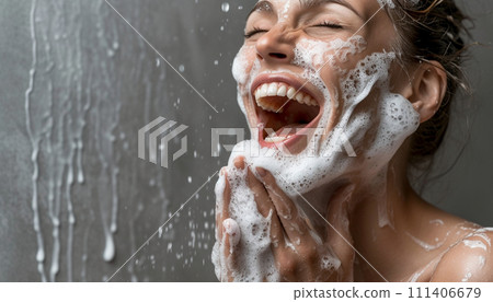 Joyful woman laughing while washing face with foaming soap, splashing water 111406679