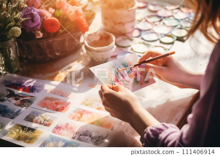 AI-generated content. woman painting postcards with watercolor in morning. The concept of preparing for Easter. View from above. Selective focus, 111406914