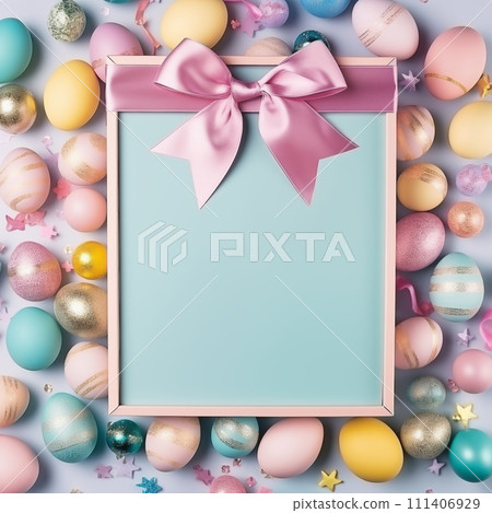 AI-generated content. Stylish Frame background with quail, pink, gold and blue easter eggs with copy space for text on blue background. Flat lay, top view. Easter concept. AI-generated content. Stylish Frame background with quail, pink, gold and blue easter eggs with copy space for text on blue background. Flat lay, top view. Easter concept. 111406929