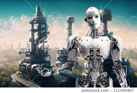 漂浮在未來城市天際線上的機器人工廠 AI 生成圖像 機器人工廠 未來城市 工業城市 SF 漂浮在未來城市天際線上的機器人工廠 AI 生成圖像 機器人工廠 未來城市 工業城市 SF 111406967
