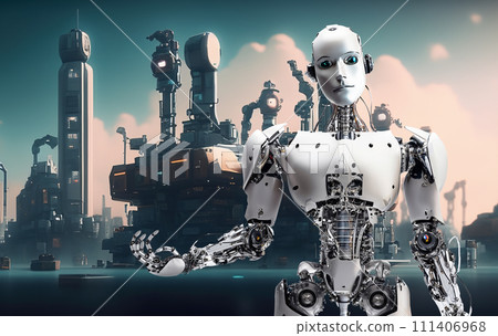Robot factory floating on the skyline of a future city AI generated image Robot factory Future city Industrial city SF Robot factory floating on the skyline of a future city AI generated image Robot factory Future city Industrial city SF 111406968