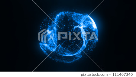 Abstract blue water glowing digital high-tech liquid futuristic energy plasma sphere with lines and particles on dark black background 111407340
