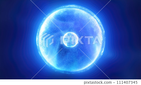 Blue energy magic circle, sphere, ball made of futuristic waves and lines of particles of atomic energy and electricity force field. Abstract background 111407345