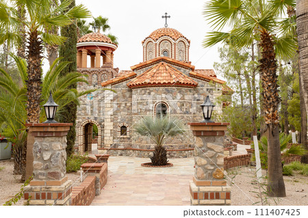 Byzantine architecture. The Chapel of St. Nicholas at St Antony Greek Orthodox Monastery in Florence, Arizona, USA Spirituality and Faith. Orthodox Christian Church in Desert. Horizontal Plane Byzantine architecture. The Chapel of St. Nicholas at St Antony Greek Orthodox Monastery in Florence, Arizona, USA Spirituality and Faith. Orthodox Christian Church in Desert. Horizontal Plane 111407425