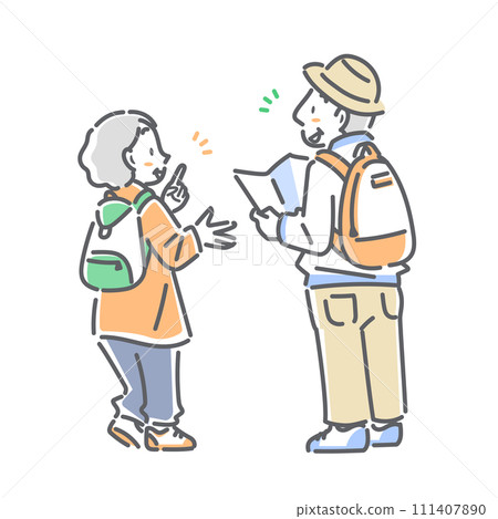 A simple and stylish line drawing illustration of a senior couple enjoying traveling 111407890